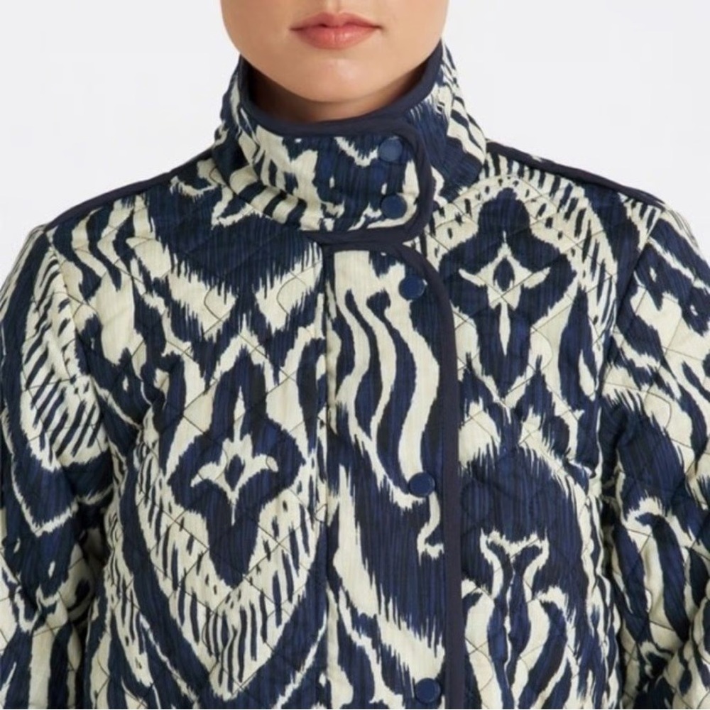 Bagatelle Navy Ivory Ikat Print Quilted Cotton Utility Jacket Coat Size L - Picture 4 of 11